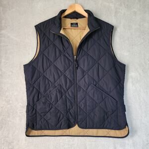 J. Crew Walker Quilted Vest Mens Size Large Navy Blue Tan Full Zip Pockets